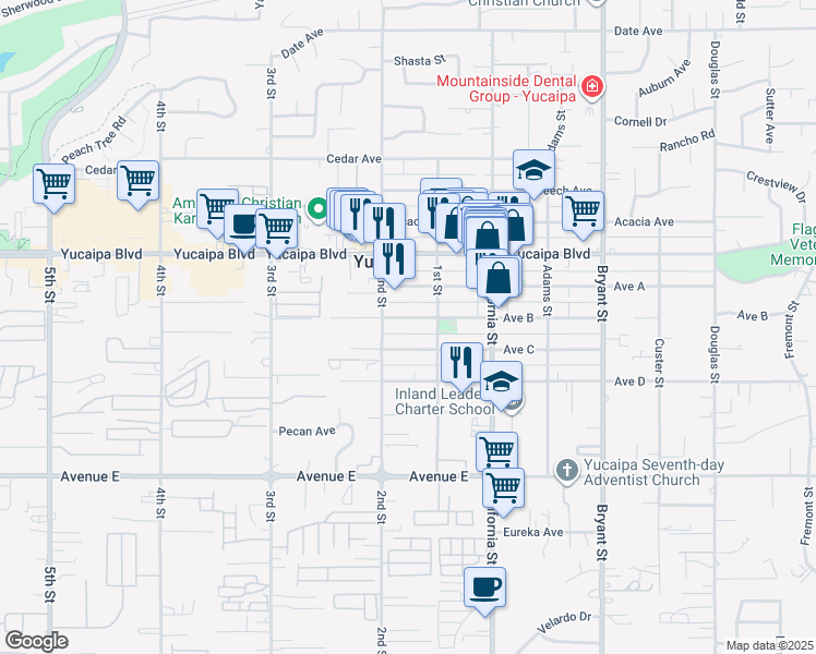 map of restaurants, bars, coffee shops, grocery stores, and more near 34945 Avenue B in Yucaipa