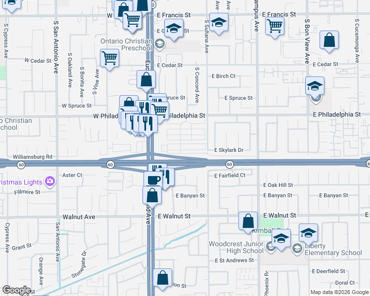 map of restaurants, bars, coffee shops, grocery stores, and more near 310 East Philadelphia Street in Ontario