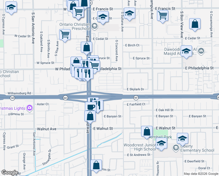 map of restaurants, bars, coffee shops, grocery stores, and more near 310 East Philadelphia Street in Ontario