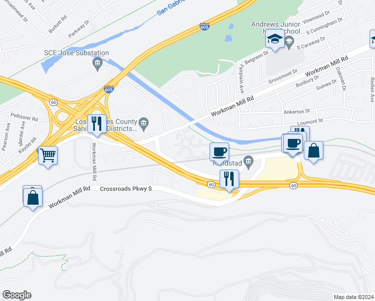 map of restaurants, bars, coffee shops, grocery stores, and more near 1847 Whittier Woods Drive in Whittier