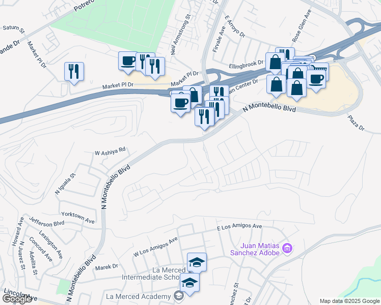 map of restaurants, bars, coffee shops, grocery stores, and more near 1325 Hollyleaf Terrace in Montebello