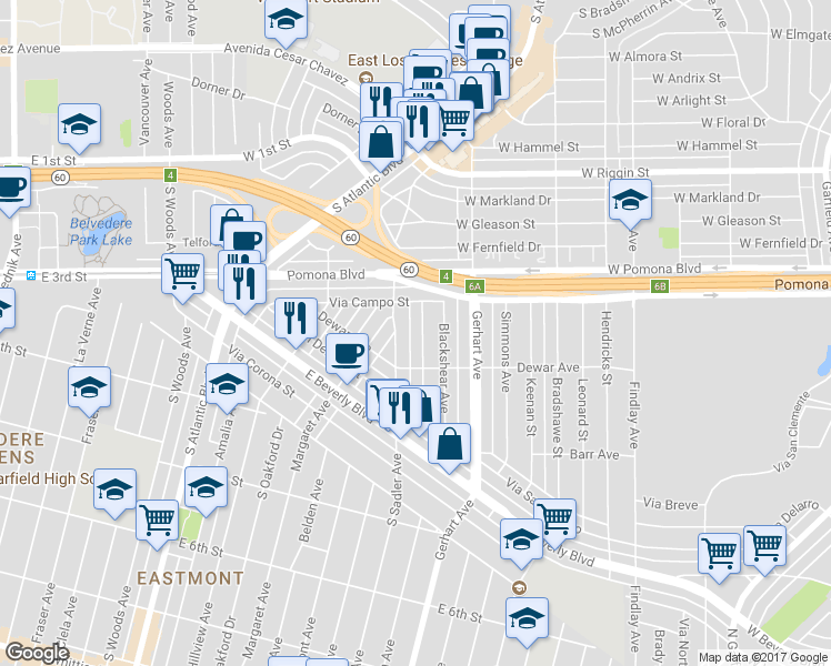 map of restaurants, bars, coffee shops, grocery stores, and more near 261 Twickenham Avenue in East Los Angeles