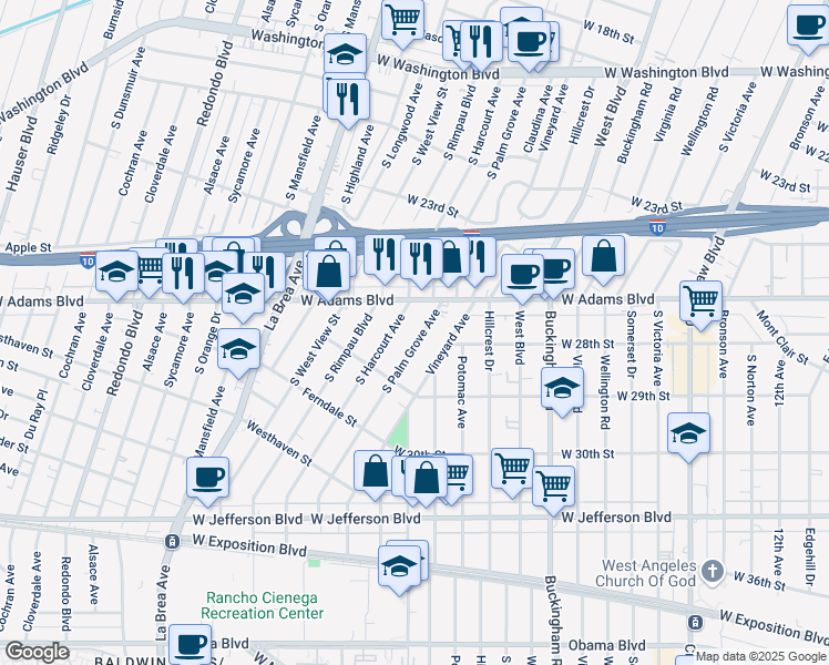 map of restaurants, bars, coffee shops, grocery stores, and more near in Los Angeles