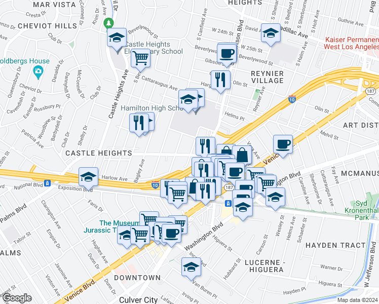 map of restaurants, bars, coffee shops, grocery stores, and more near 9101 National Boulevard in Los Angeles