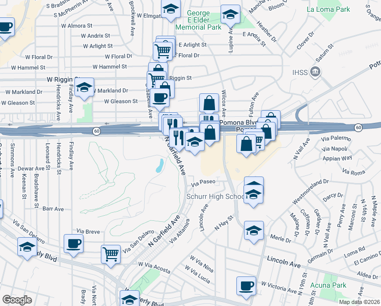 map of restaurants, bars, coffee shops, grocery stores, and more near 2809 Via Campo in Montebello