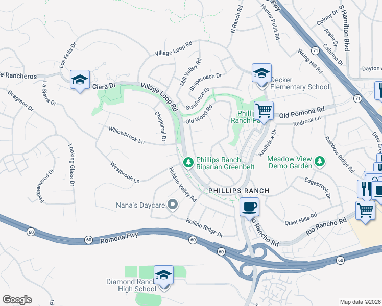 map of restaurants, bars, coffee shops, grocery stores, and more near 6 Ranch Creek Court in Pomona