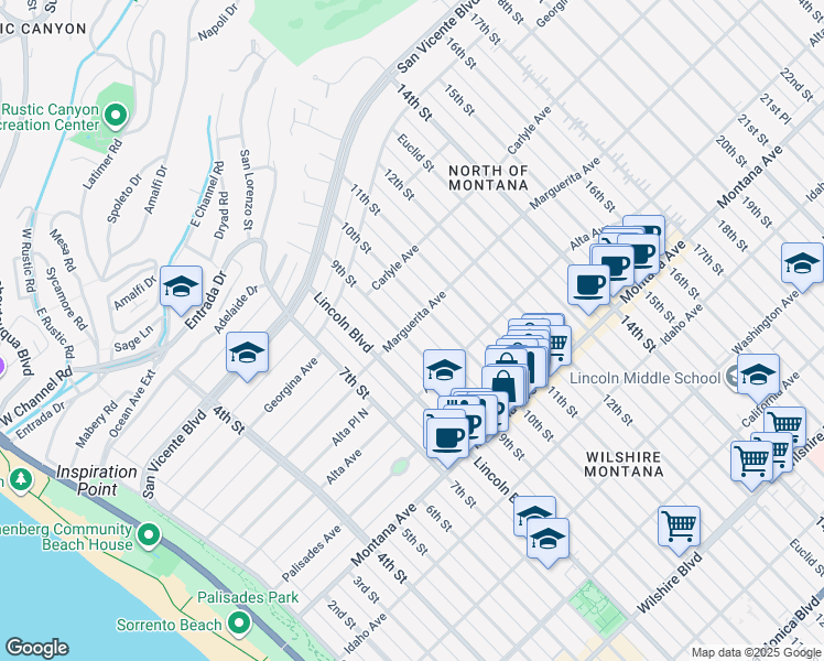 map of restaurants, bars, coffee shops, grocery stores, and more near 454 10th Street in Santa Monica