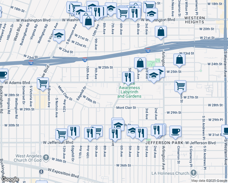 map of restaurants, bars, coffee shops, grocery stores, and more near 3715 West 27th Street in Los Angeles