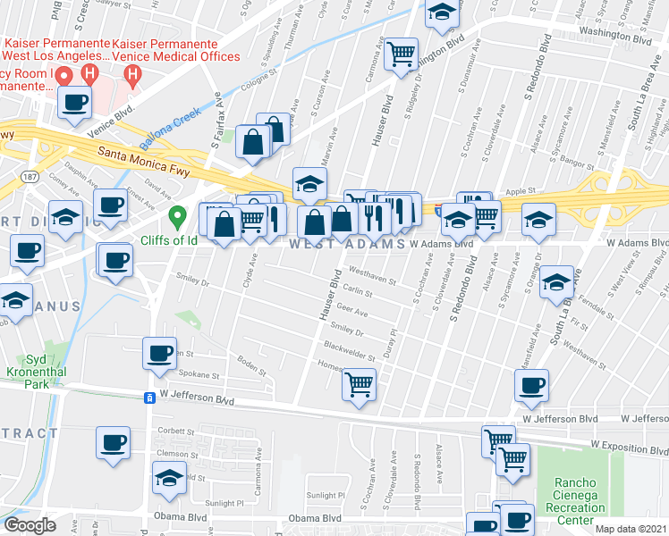 map of restaurants, bars, coffee shops, grocery stores, and more near 2635 Hauser Boulevard in Los Angeles