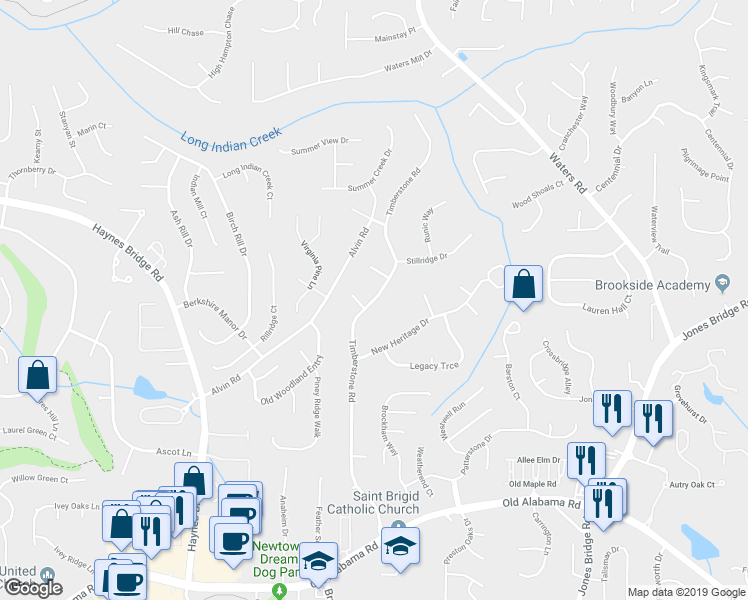 map of restaurants, bars, coffee shops, grocery stores, and more near Timberstone Road in Alpharetta