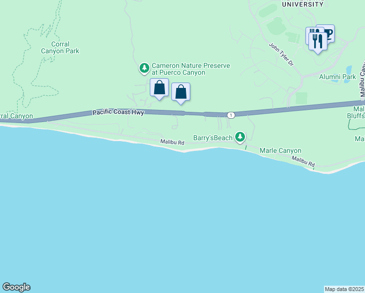 map of restaurants, bars, coffee shops, grocery stores, and more near 24956 Malibu Road in Malibu