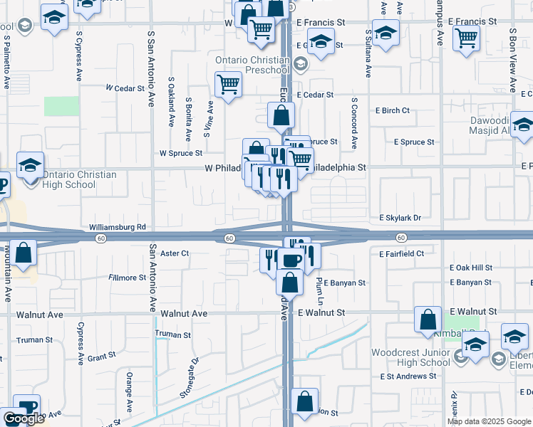map of restaurants, bars, coffee shops, grocery stores, and more near in Ontario