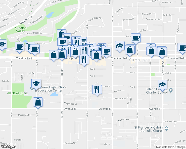 map of restaurants, bars, coffee shops, grocery stores, and more near 34546 Avenue C in Yucaipa