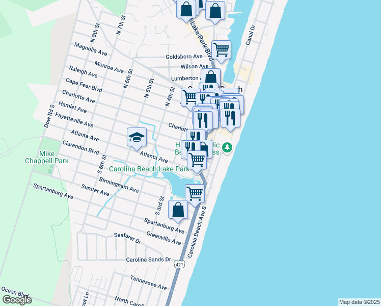 map of restaurants, bars, coffee shops, grocery stores, and more near 206 Fayetteville Avenue in Carolina Beach
