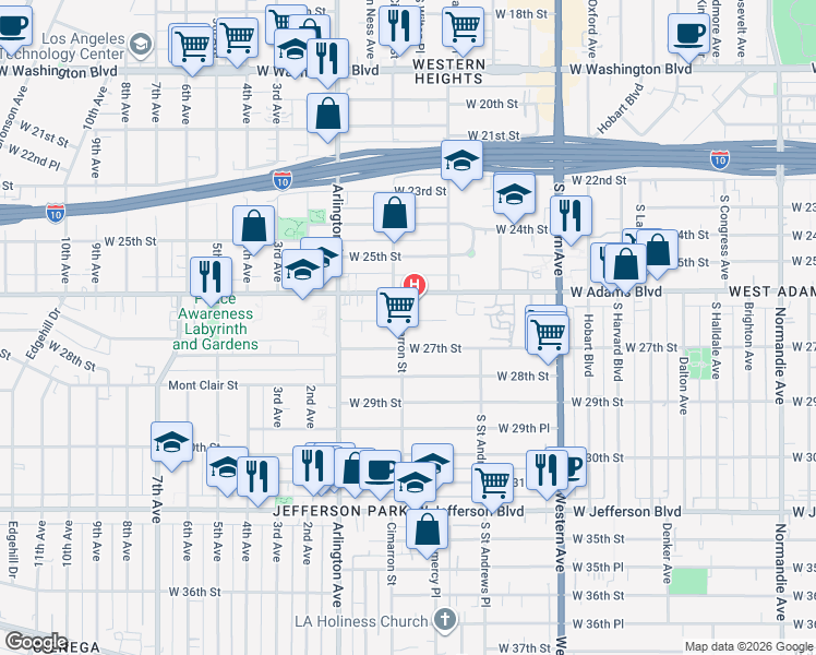 map of restaurants, bars, coffee shops, grocery stores, and more near 2656 Cimarron Street in Los Angeles