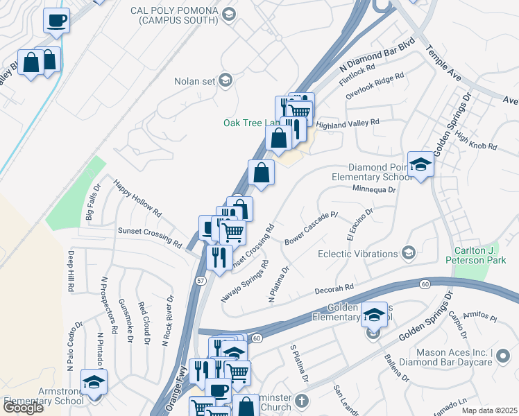 map of restaurants, bars, coffee shops, grocery stores, and more near 640 North Diamond Bar Boulevard in Diamond Bar