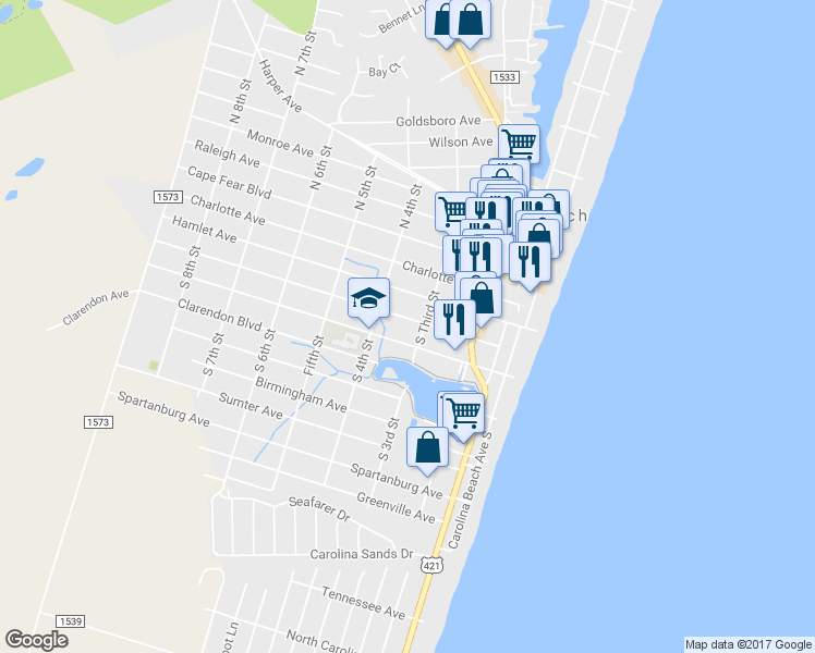 map of restaurants, bars, coffee shops, grocery stores, and more near 305 Fayetteville Avenue in Carolina Beach
