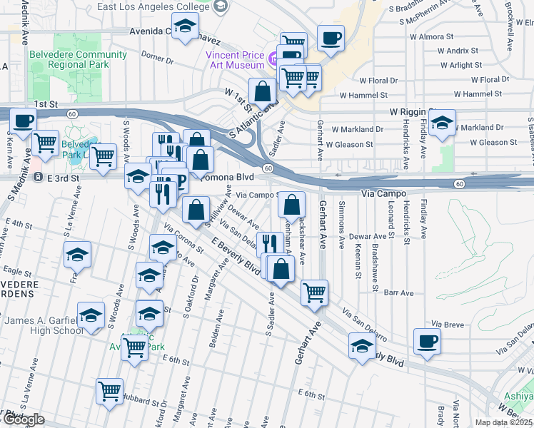 map of restaurants, bars, coffee shops, grocery stores, and more near 264 Margaret Avenue in East Los Angeles