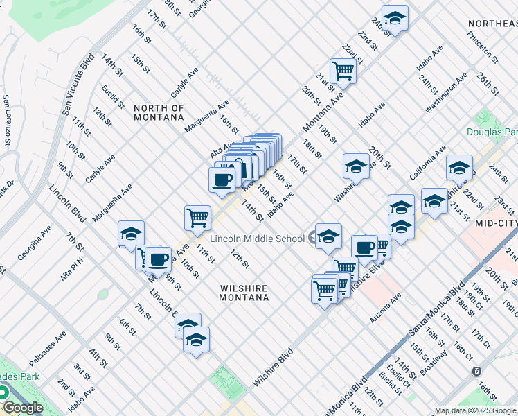 map of restaurants, bars, coffee shops, grocery stores, and more near 828 15th Street in Santa Monica