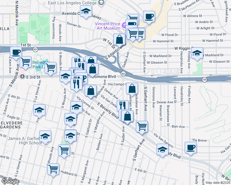 map of restaurants, bars, coffee shops, grocery stores, and more near 275 Margaret Avenue in Los Angeles