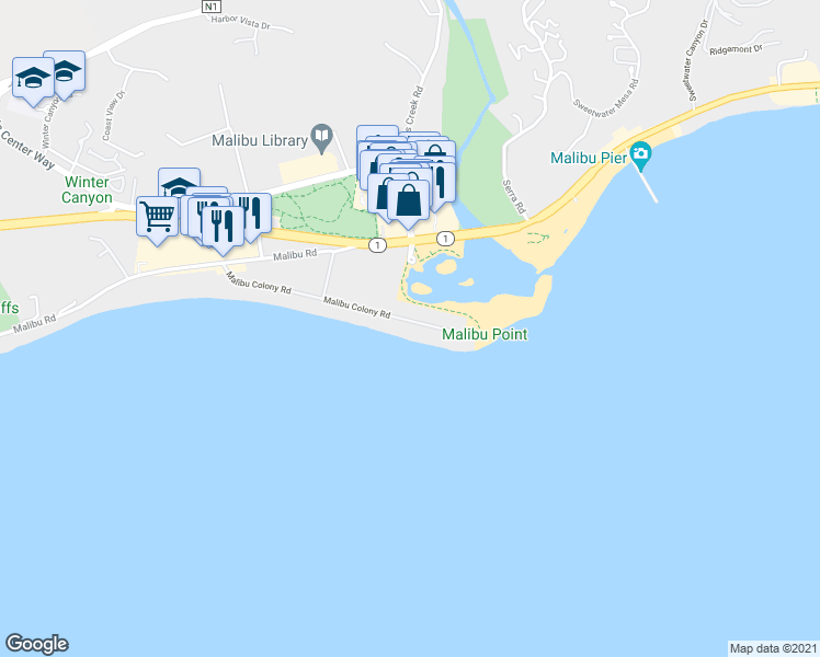 map of restaurants, bars, coffee shops, grocery stores, and more near 23422 Malibu Colony Road in Malibu