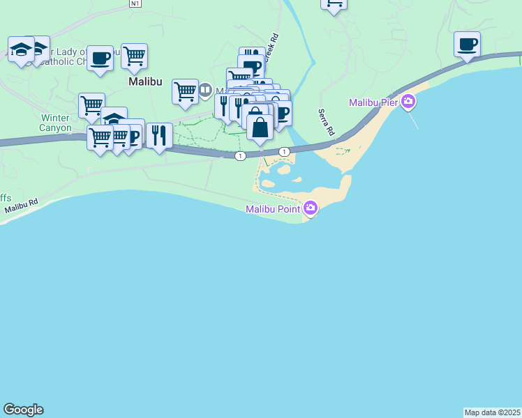 map of restaurants, bars, coffee shops, grocery stores, and more near 23422 Malibu Colony Road in Malibu