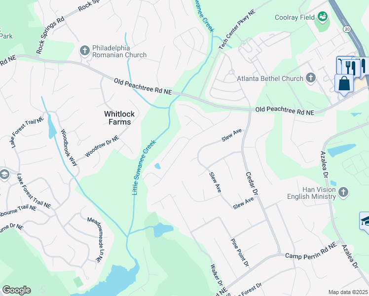 map of restaurants, bars, coffee shops, grocery stores, and more near Young America Drive Northeast in Lawrenceville