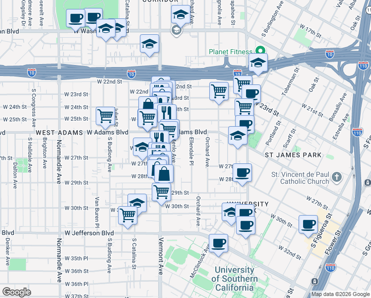 map of restaurants, bars, coffee shops, grocery stores, and more near 2637 Ellendale Place in Los Angeles