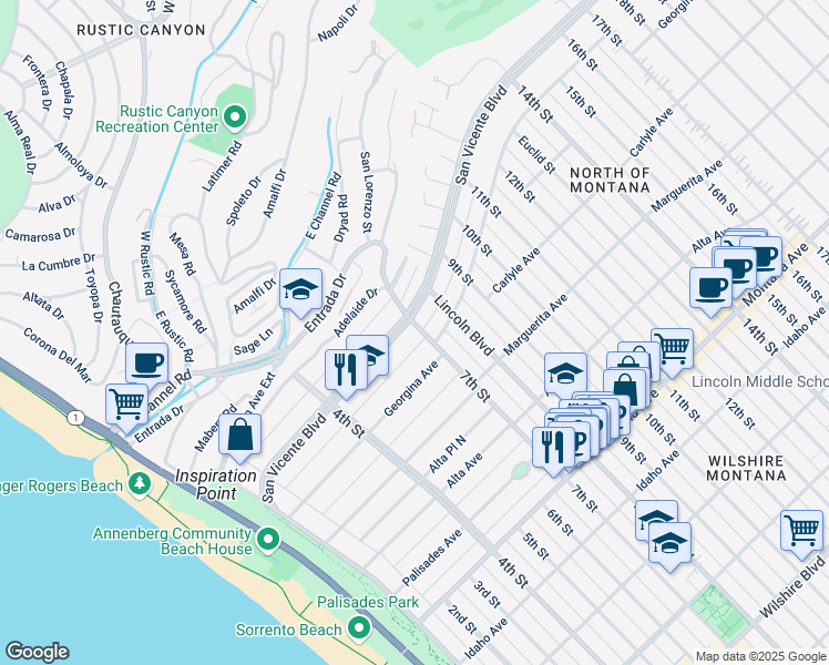 map of restaurants, bars, coffee shops, grocery stores, and more near 630 San Vicente Boulevard in Santa Monica