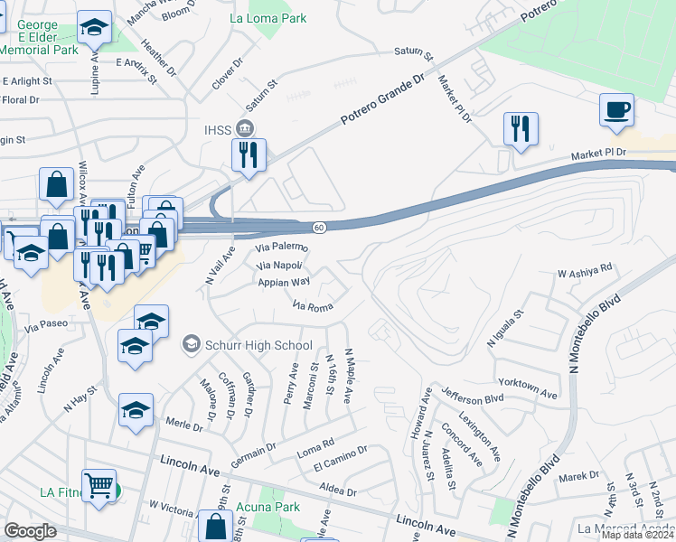 map of restaurants, bars, coffee shops, grocery stores, and more near 1416 Appian Way in Montebello