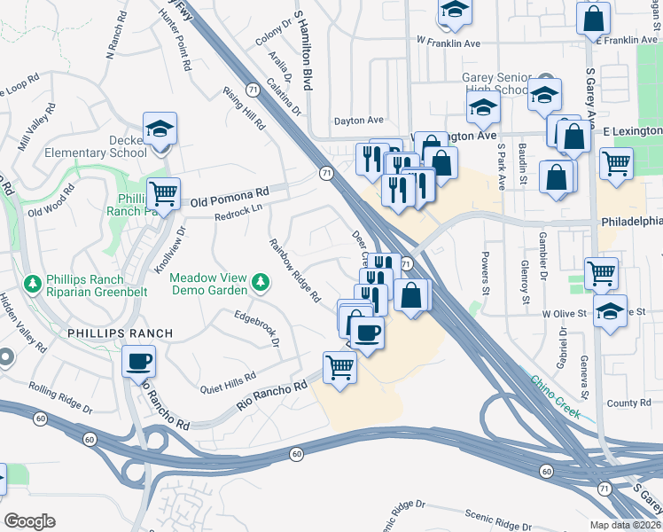 map of restaurants, bars, coffee shops, grocery stores, and more near 16 Skyline Lane in Pomona