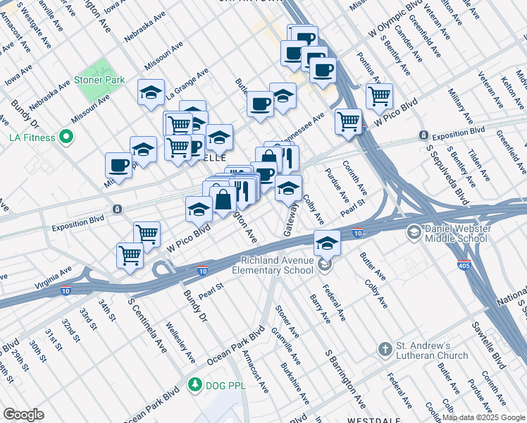 map of restaurants, bars, coffee shops, grocery stores, and more near 11646 West Pico Boulevard in Los Angeles