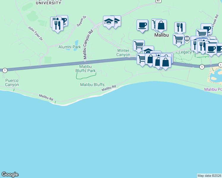 map of restaurants, bars, coffee shops, grocery stores, and more near 24056 Malibu Road in Malibu