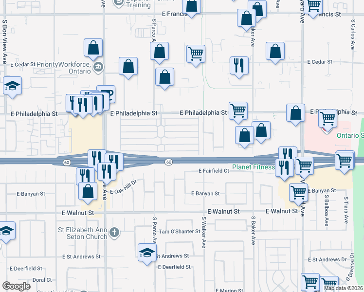 map of restaurants, bars, coffee shops, grocery stores, and more near 1456 East Philadelphia Street in Ontario