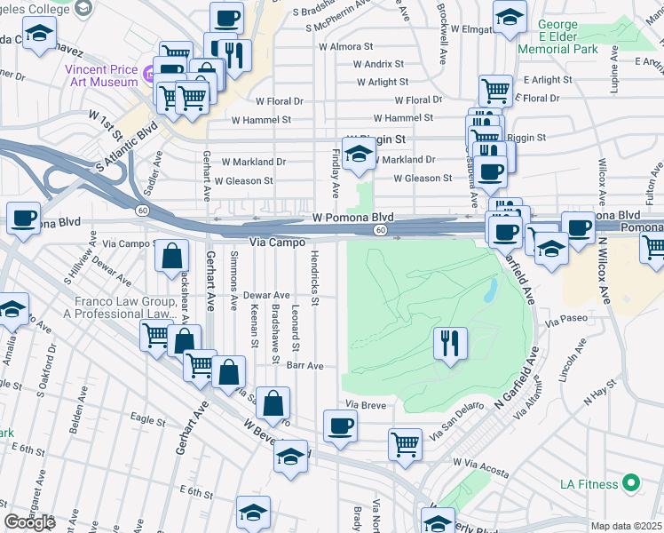 map of restaurants, bars, coffee shops, grocery stores, and more near 833 Findlay Avenue in Montebello