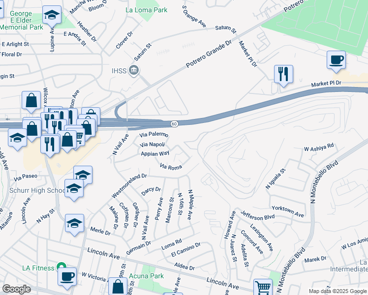 map of restaurants, bars, coffee shops, grocery stores, and more near 1416 Appian Way in Montebello