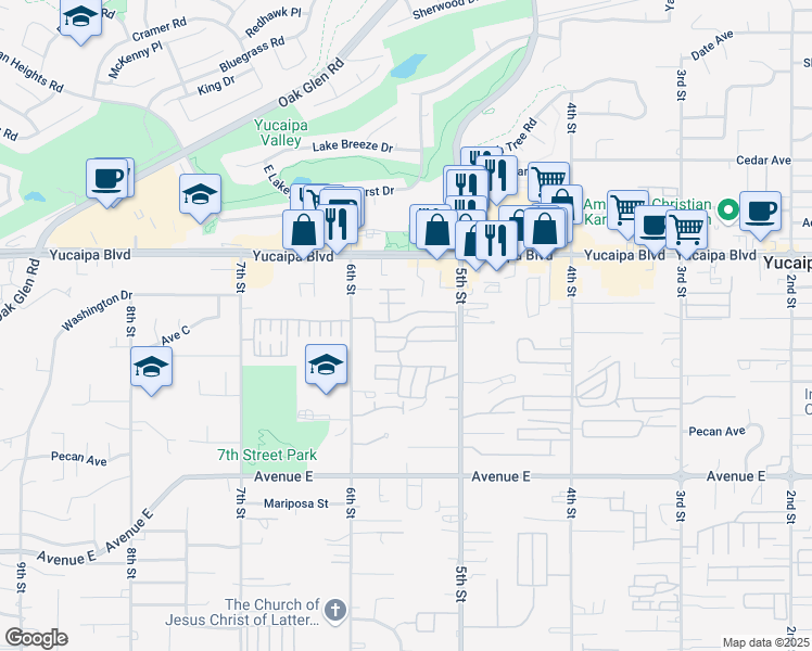 map of restaurants, bars, coffee shops, grocery stores, and more near 34199 Yucaipa Boulevard in Yucaipa