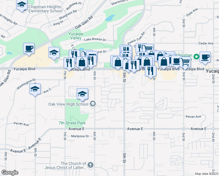 map of restaurants, bars, coffee shops, grocery stores, and more near in Yucaipa