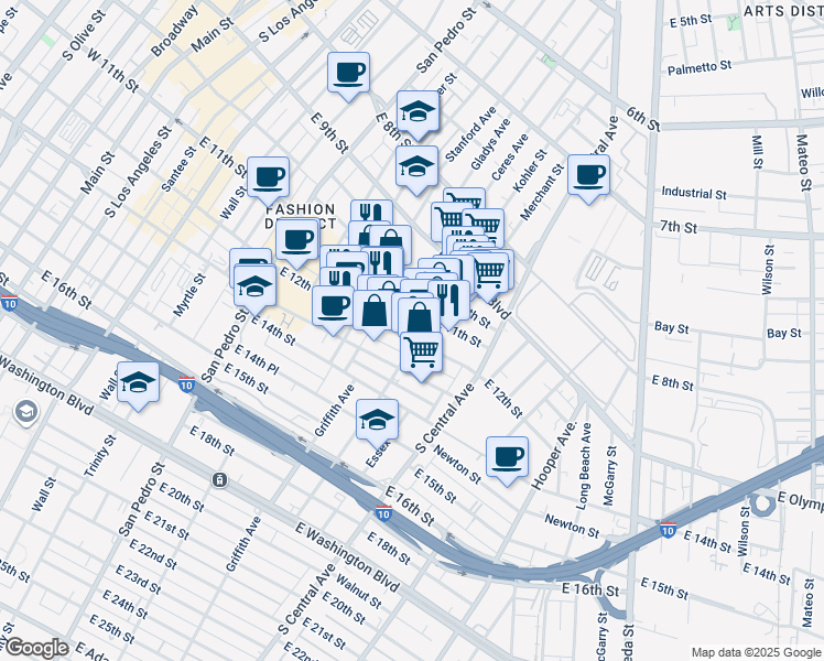 map of restaurants, bars, coffee shops, grocery stores, and more near 950 East 11th Street in Los Angeles