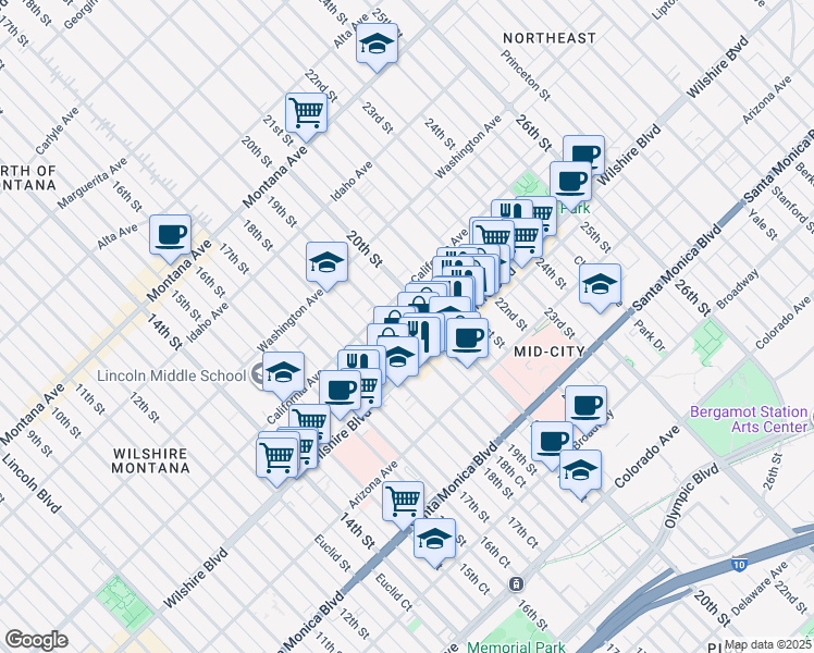 map of restaurants, bars, coffee shops, grocery stores, and more near 1107 19th Street in Santa Monica