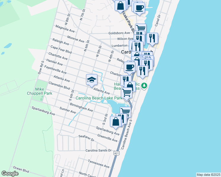 map of restaurants, bars, coffee shops, grocery stores, and more near 314 Fayetteville Avenue in Carolina Beach