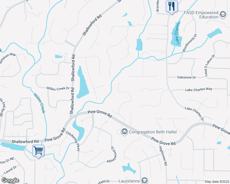map of restaurants, bars, coffee shops, grocery stores, and more near 3020 Bluffton Way in Roswell