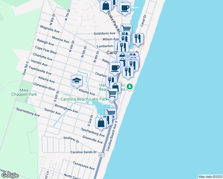 map of restaurants, bars, coffee shops, grocery stores, and more near 200 Lake Park Boulevard South in Carolina Beach
