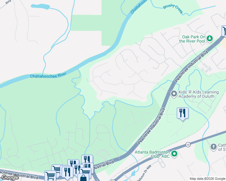 map of restaurants, bars, coffee shops, grocery stores, and more near 1920 Woods River Lane in Duluth