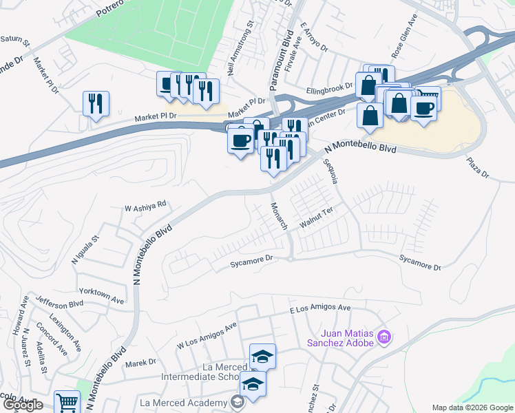map of restaurants, bars, coffee shops, grocery stores, and more near 1958 Hollyleaf Terrace in Montebello