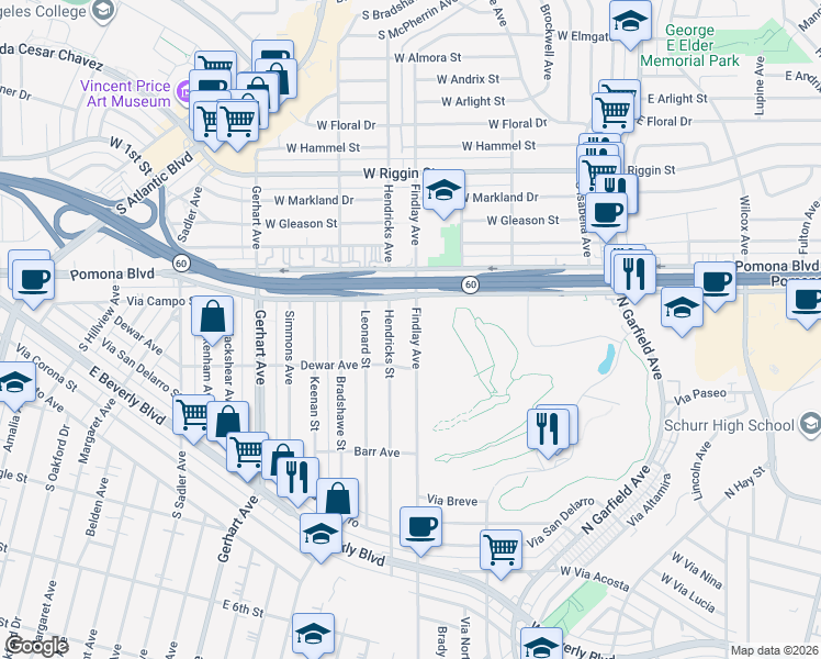 map of restaurants, bars, coffee shops, grocery stores, and more near 833 Findlay Avenue in Montebello