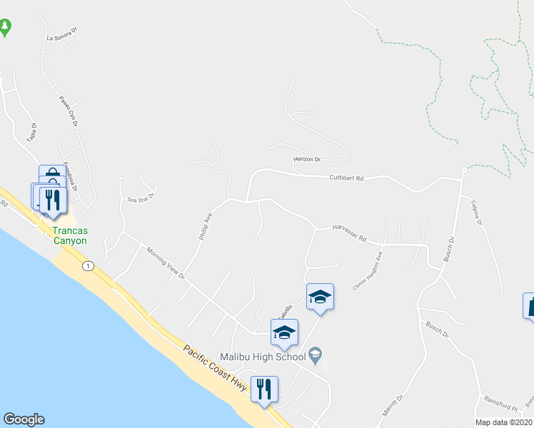 map of restaurants, bars, coffee shops, grocery stores, and more near 5806 Deerhead Road in Malibu