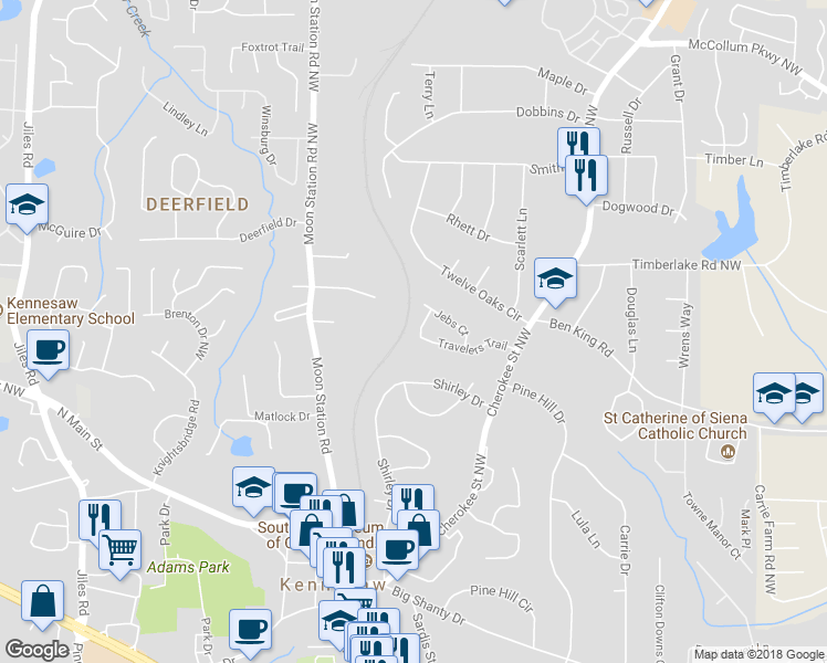 map of restaurants, bars, coffee shops, grocery stores, and more near 1065 Travelers Trail in Kennesaw