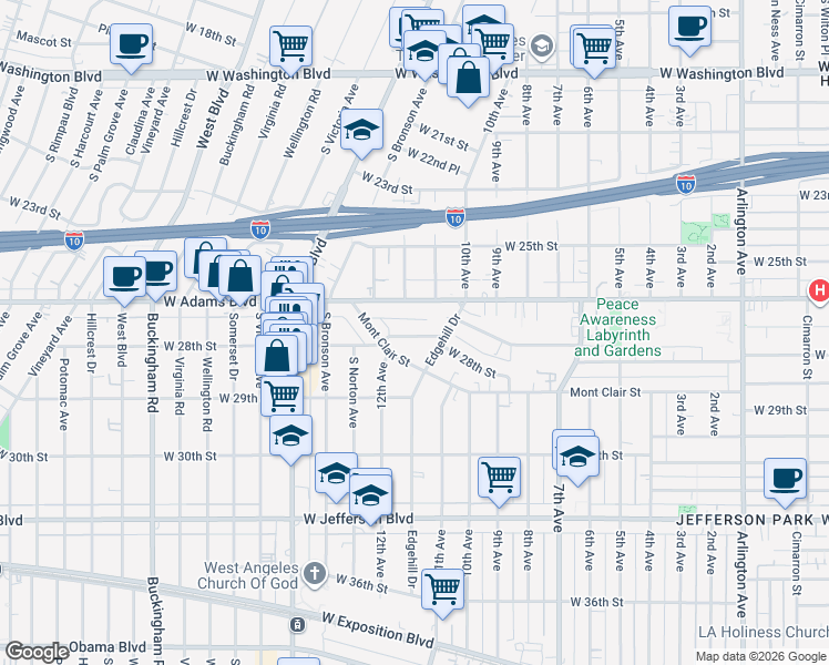 map of restaurants, bars, coffee shops, grocery stores, and more near 4037 West 28th Street in Los Angeles