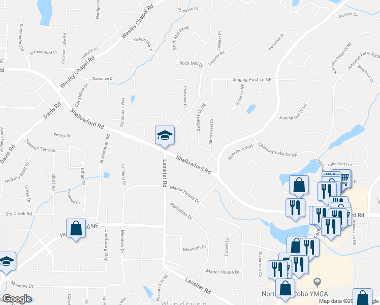 map of restaurants, bars, coffee shops, grocery stores, and more near 3352 Shallowford Green Drive in Marietta